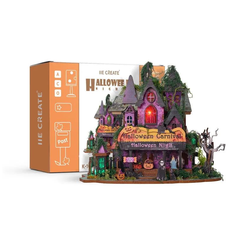 Miniature House Kit - Halloween Night overall view with precisely cut wooden parts and high-quality craftsmanship