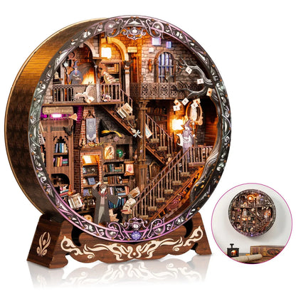 Round Diorama - Magic Library Gesamtansicht mit präzise geschnittenen Holzteilen und hochwertiger Verarbeitung